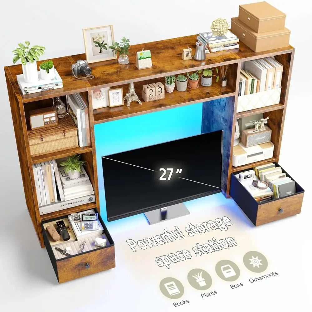 Desktop Bookshelf with LED Lights,47.2" Desktop Organizer with 6 Shelves and 2 Drawers for Top of Desk,Multipurpose, Customized