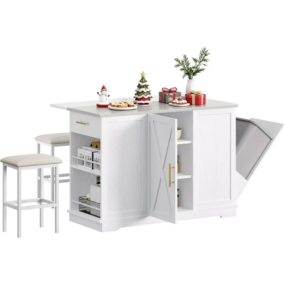 Kitchen Islands with Seating, 47" Mobile Storage Island with Trash Can, Rolling Kitchen Island Cart with Drop Lea & Stainluntert