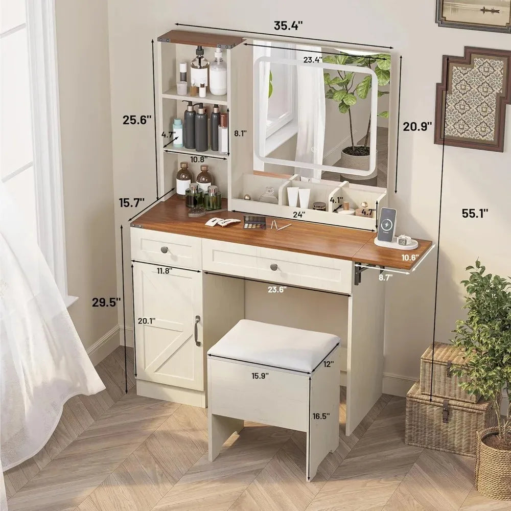 Large Farmhouse Makeup Vanity Desk with Mirror And Lights - Includes Power Outlet Drawers And Cabinet for Bedroom ，Customized
