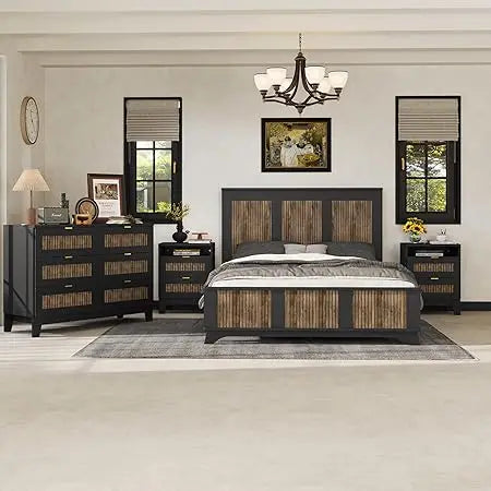 4 Piece Queen Bedroom Set, Queen Size Platform Bed with Wooden Strip Stickers Decoration, 2 Nightstands and Dresser, 4 Piece Fa