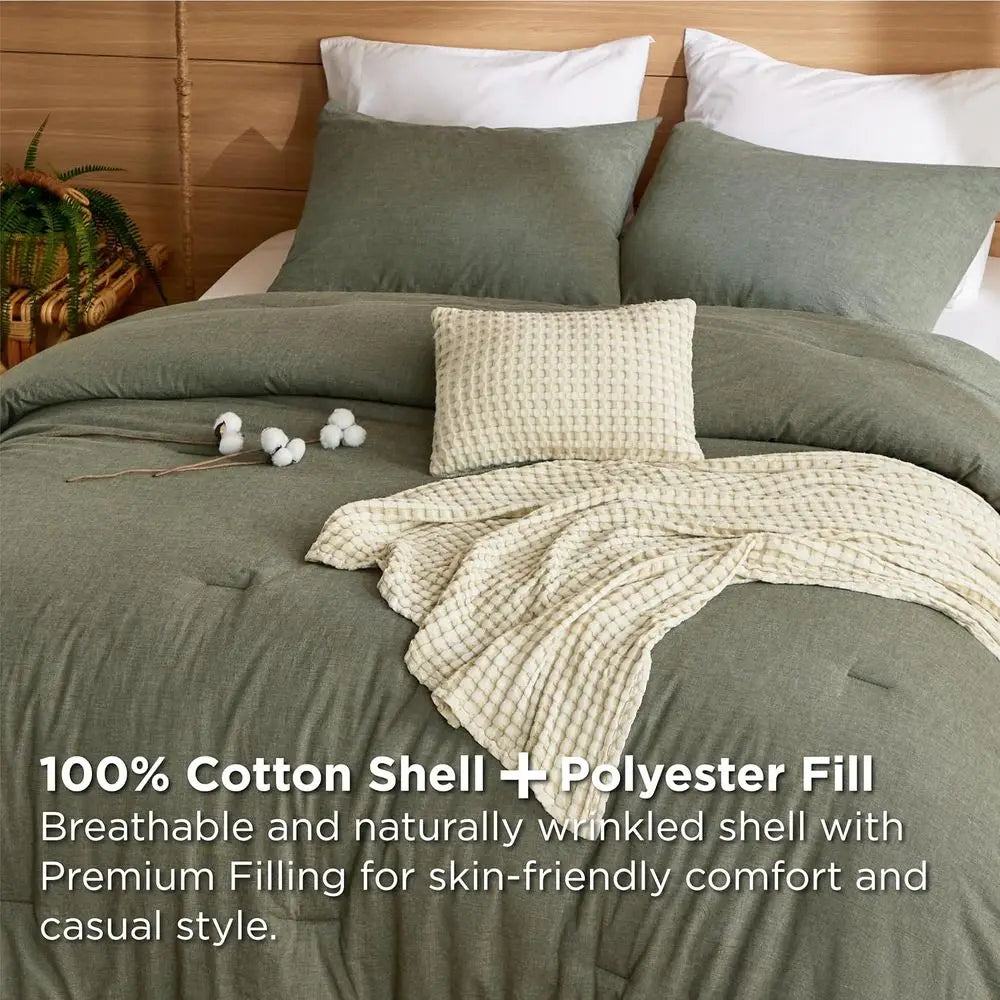 Cotton Comforter Set with Cotton Wale Throw Blanket - Olive Green King Size, Pillow Shams, Beige Cooling Blanket from Bamboo or