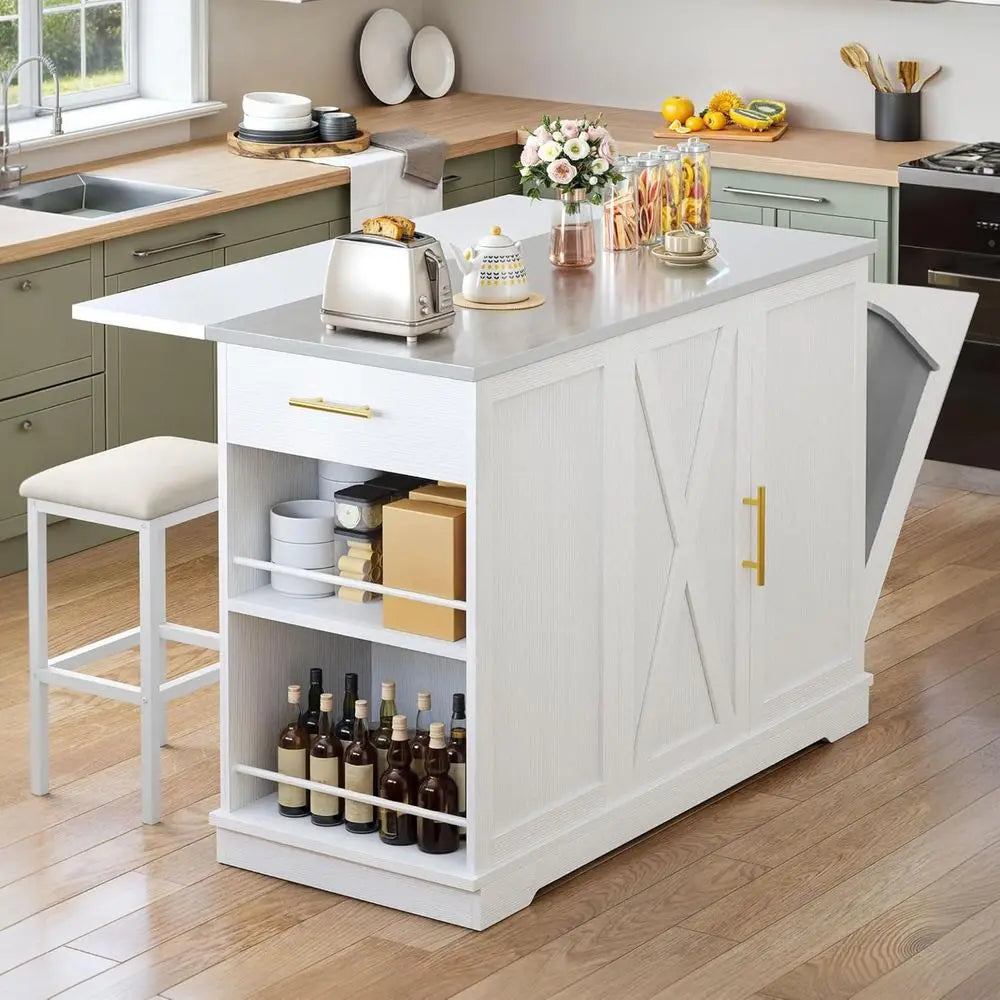 Kitchen Islands with Seating, 47" Mobile Storage Island with Trash Can, Rolling Kitchen Island Cart with Drop Lea & Stainluntert