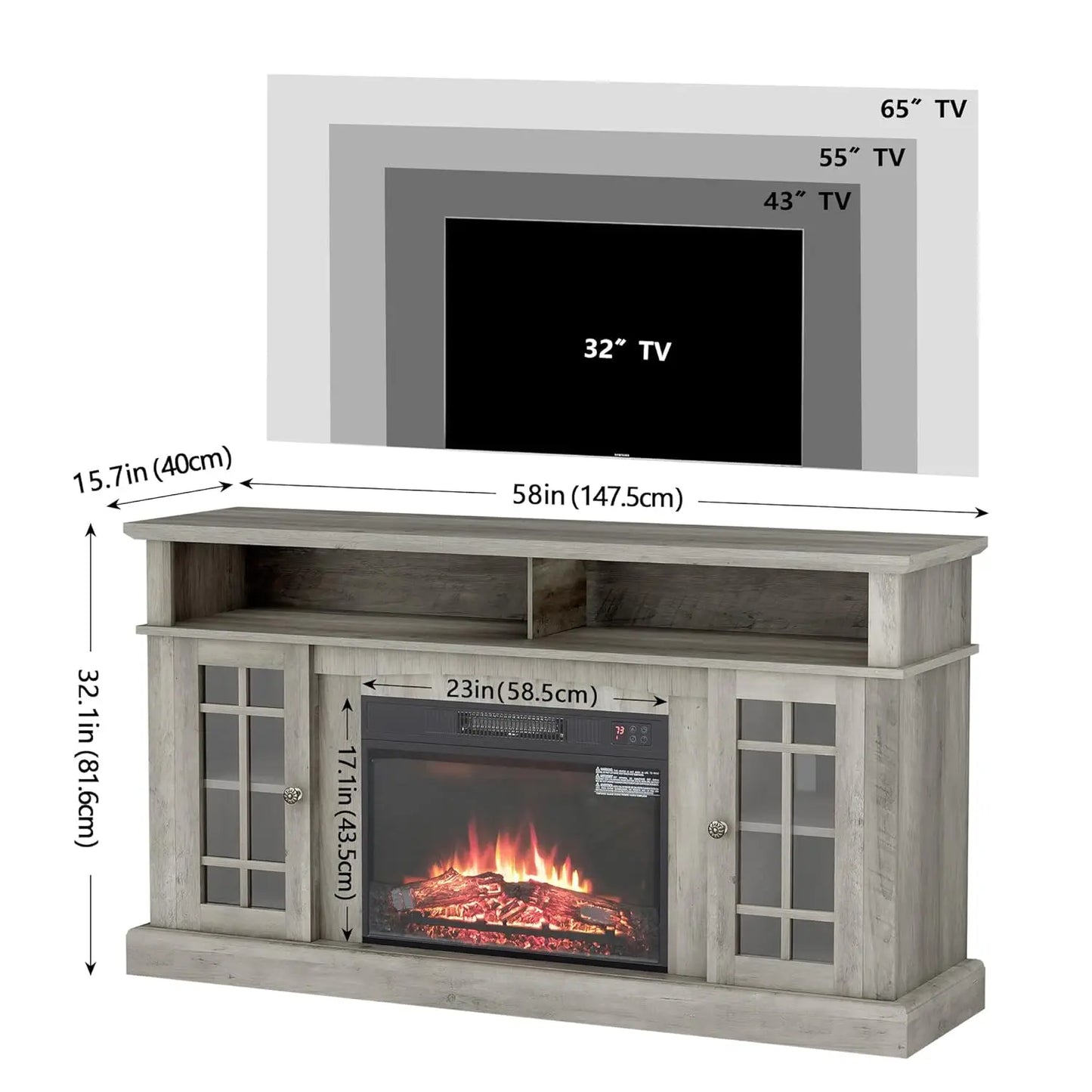 58" Fireplace TV Stand for TVs Up to 65", Farmhouse Entertainment Center with 23" Electric Fireplace & LED Light,, Customized
