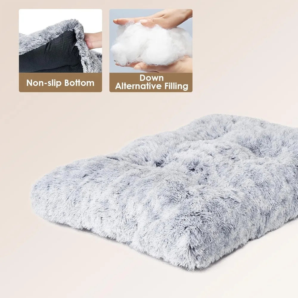 Extra Large Fluffy Dog Crate Bed Plush Faux Fur Calming Anti Anxiety Washable Soft Warm Mat Non-Slip Bottom Grey