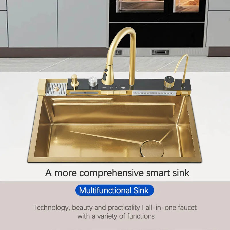Brushed Gold 304 Stainless Steel Waterfall Style Modern Kitchen Large Single Slot Button Integrated Digital Display Faucet Set