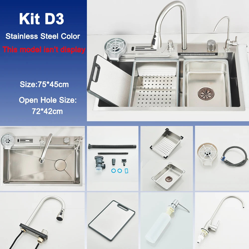 Stainless Steel Kitchen Sink with Faucet 75*45cm Large Single Bowl Digital Display Dish Basin Sink Waterfall Hot Cold Faucets