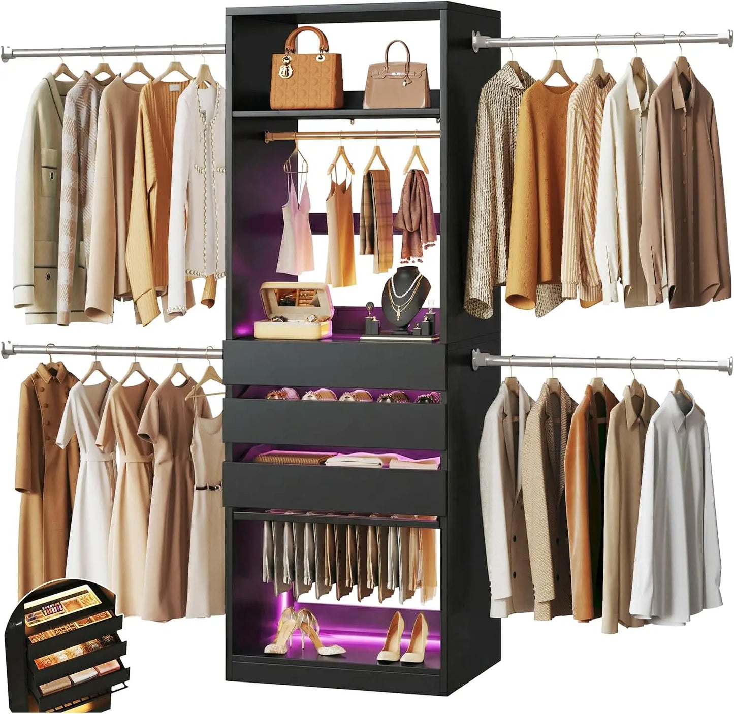 Closet System, 4-8FT Closet Organizer with 3 Wood Drawers & Glass Top, 102'' Walk in Closet with 5 Hang Rods，Customized