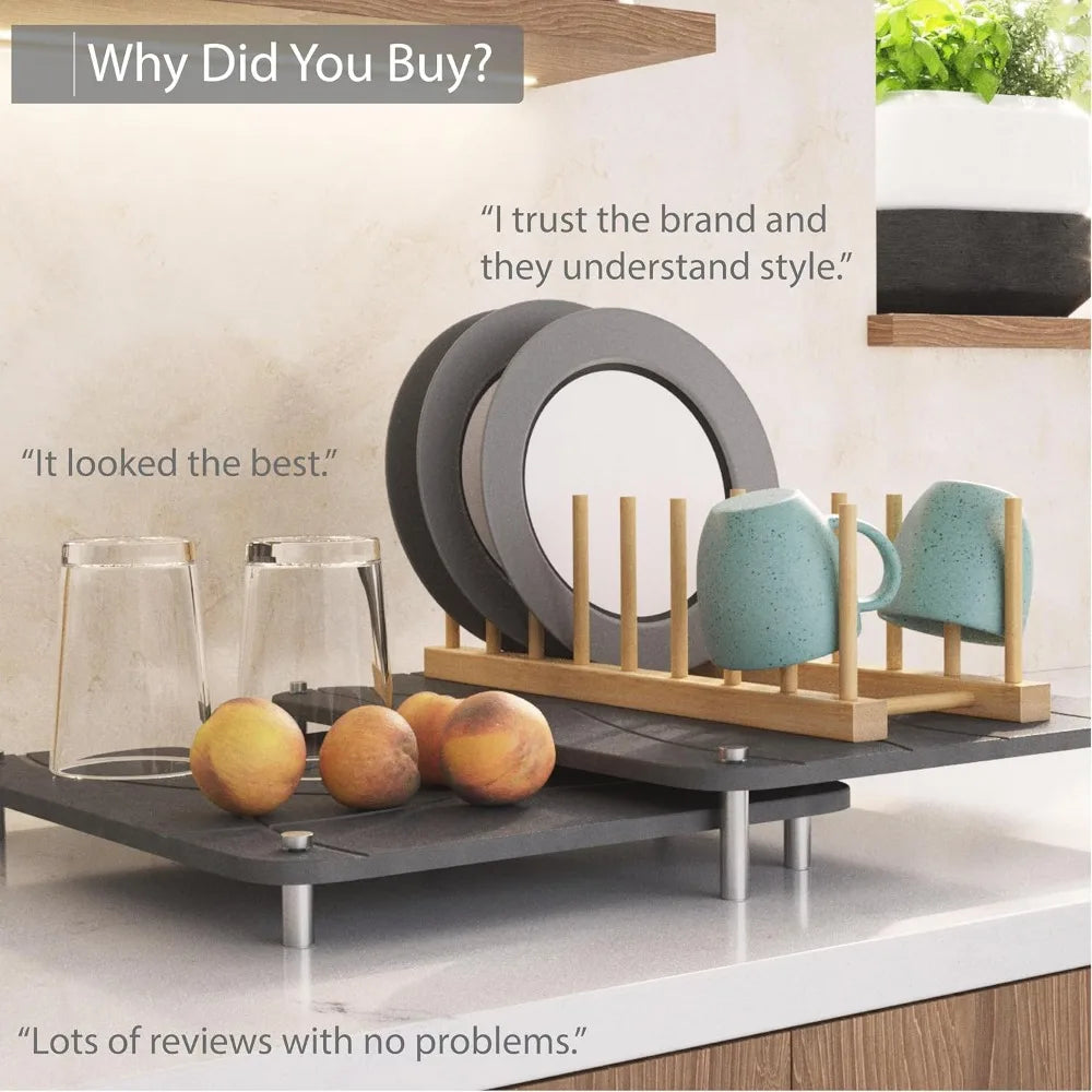 Collapsible Diatomaceous Earth Drying Mat and Bamboo Rack Set Non Slip Feet Large Kitchen Counter Dish Drainer Dark Gray