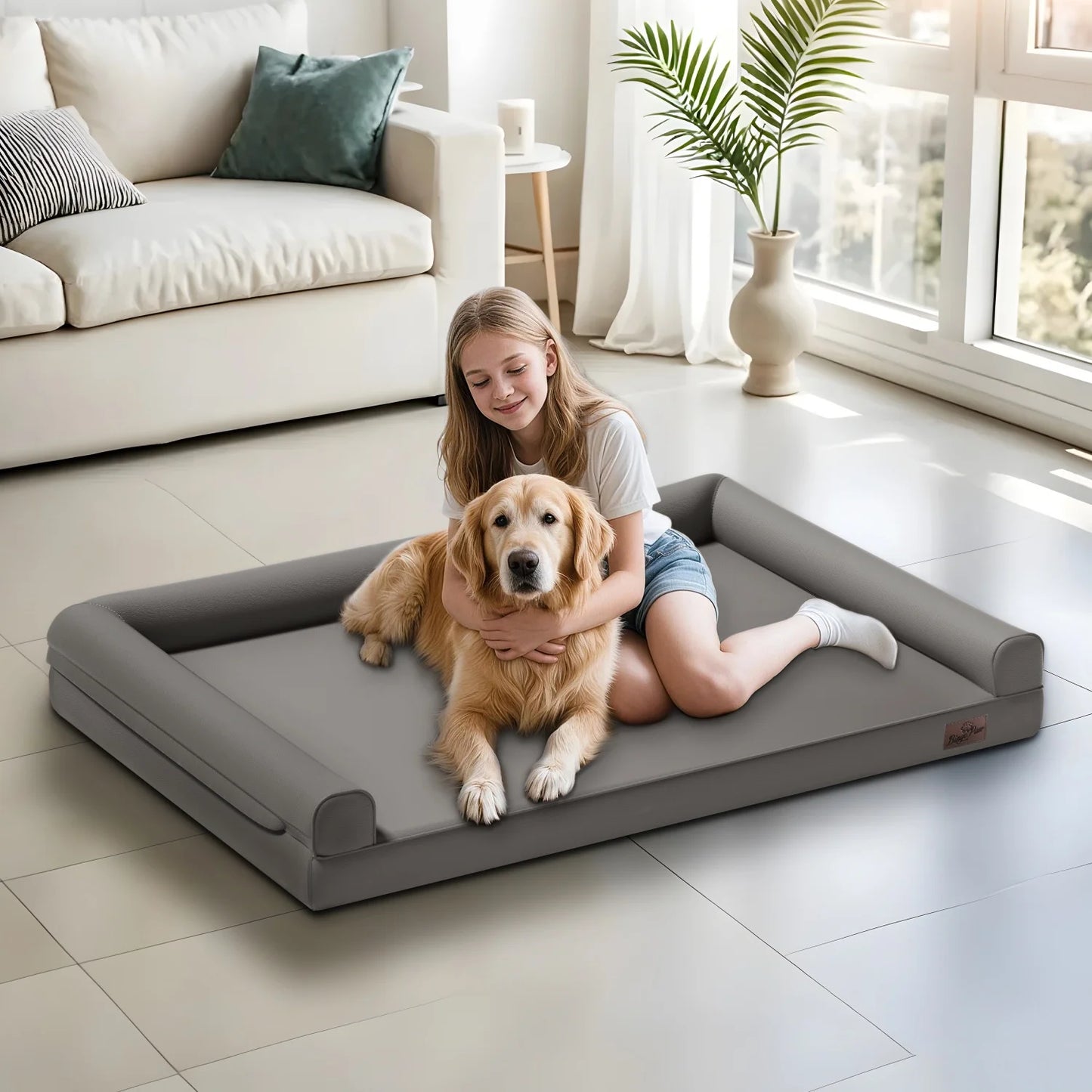 M-2XL Indoor Orthopedic Dog Bed with Supportive Base Bolster Pillow Pet Lounge Bed Sofa Microfiber Leather Cover for All Breed
