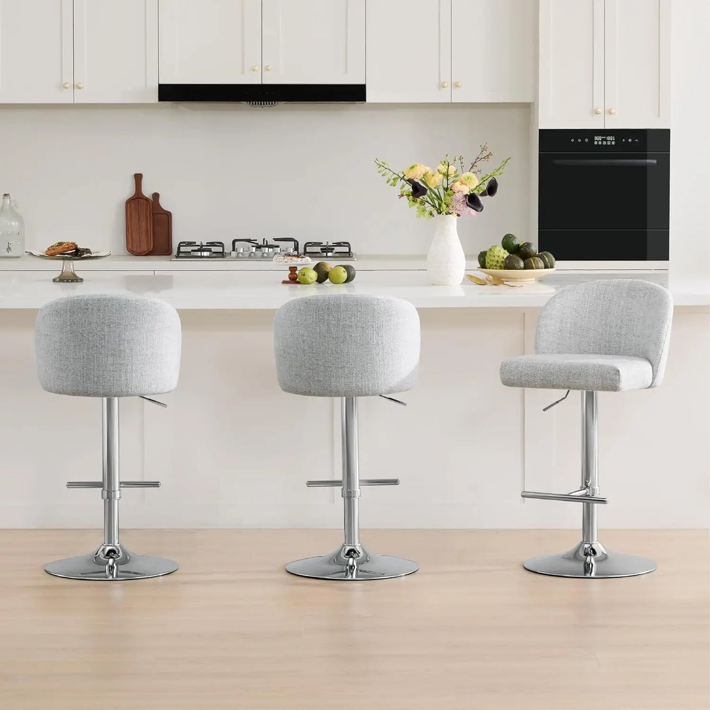 Adjustable Swivel Bar Stools with Back, Counter Stools Set of 3 for Kitchen Island, Height 25-33.7in, Fabric White, Customized