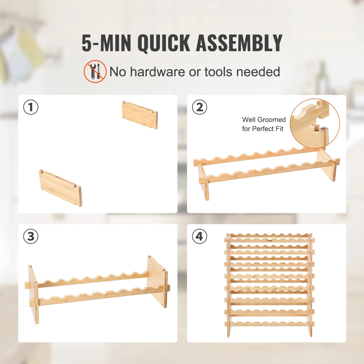 SucceBuy 48/72 Bottle Stackable Modular Wine Rack Free Standing Wine Storage Rack Bamboo Wine Holder Display Shelves for Cellar