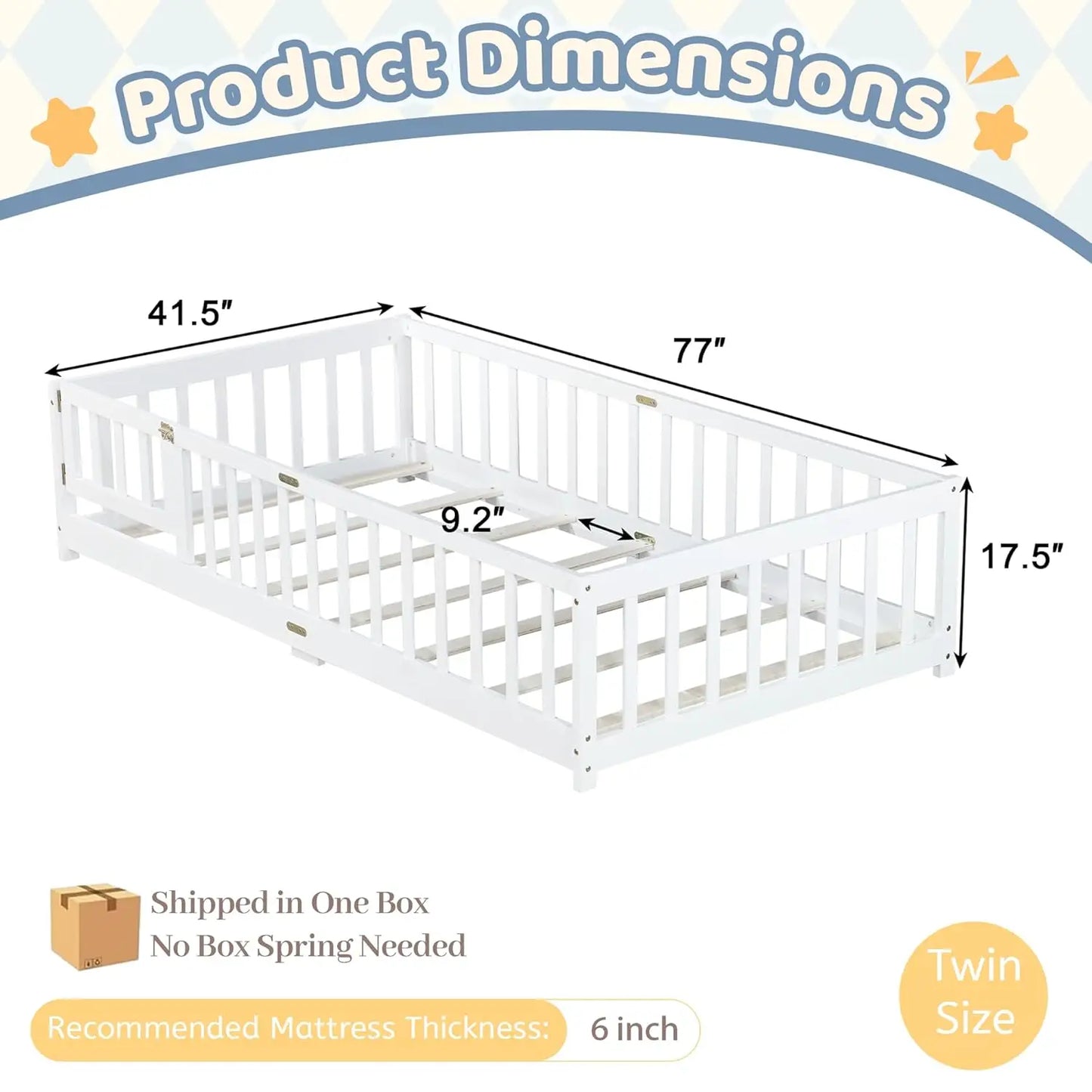 Twin Size Floor Bed with Slats and Door,Montessori Floor Bed Frame with High Rails,Twin Wood Kids Beds with Fence,No Box Spring