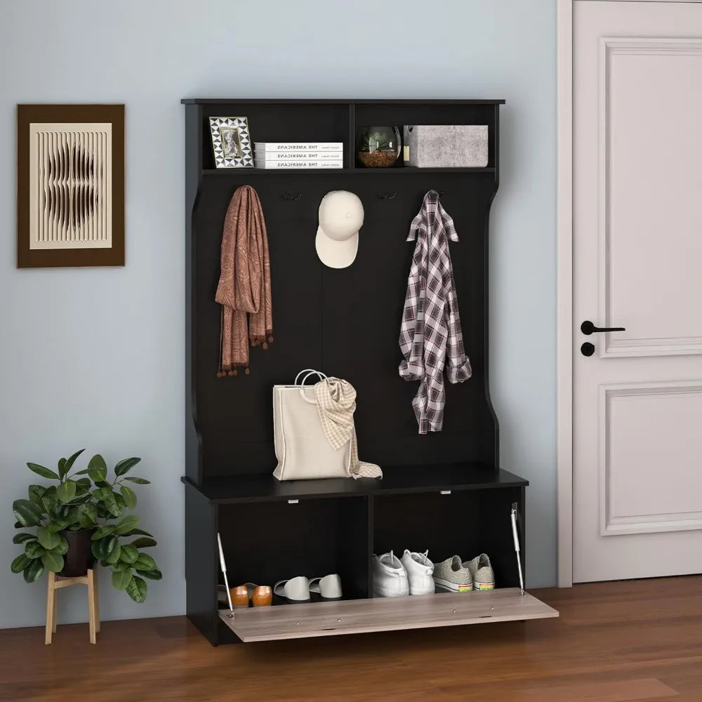 Hall Tree with Coat Rack and Storage Bench, Multifunctional Coat Rack with Entryway Bench, 5 Double Hooks