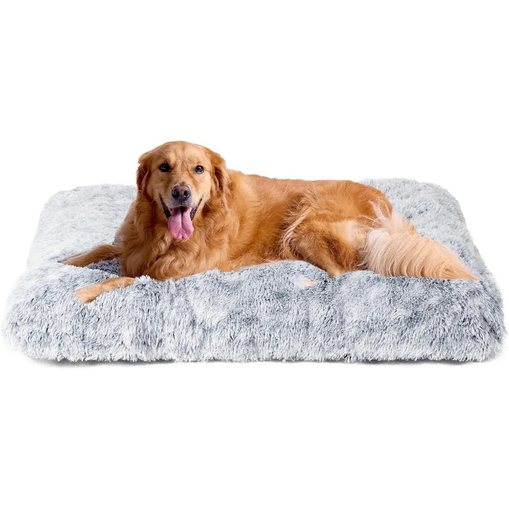 Extra Large Fluffy Dog Crate Bed Plush Faux Fur Calming Anti Anxiety Washable Soft Warm Mat Non-Slip Bottom Grey