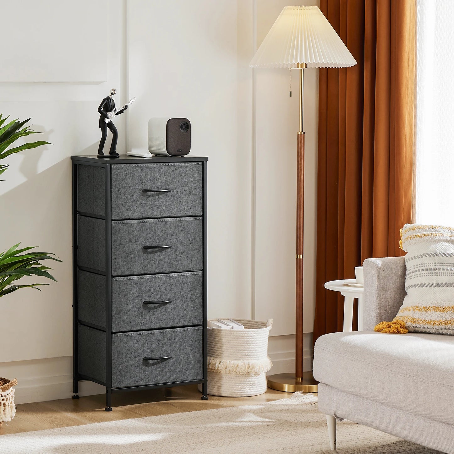 JHK Dresser For Bedroom With 4 Fabric Drawers Nightstand Wardrobe Steel Frame Closet For Clothes Storage Cabinet Of Furniture