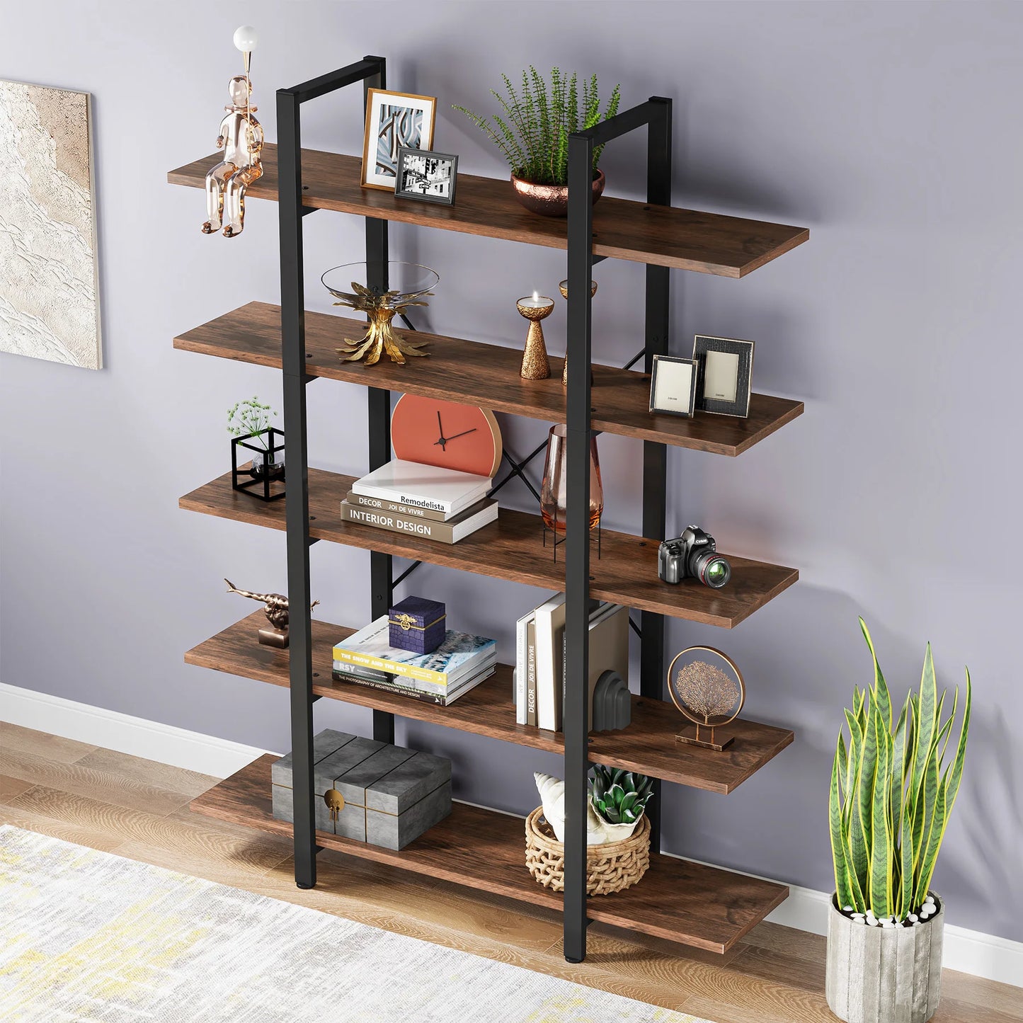 Tribesigns 5-Tier Bookshelf, Vintage Industrial Style Bookcase 72 H x 12 W x 47L Inches