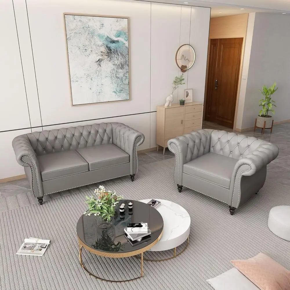 2-Piece Living Room Set: Chesterfield Leather Sofa with Scroll Arms and Nailhead Trim in Grey