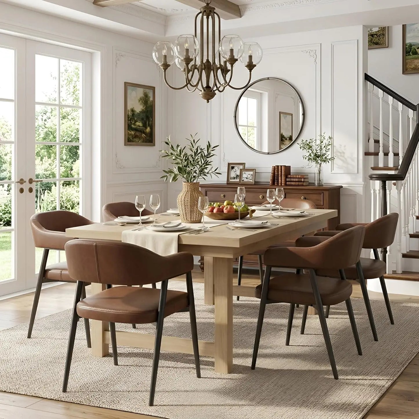 Faux Leather Dining Chairs 6pcs Mid-Century Barrel Arms Metal Legs Open Back Kitchen Dining Room Custom