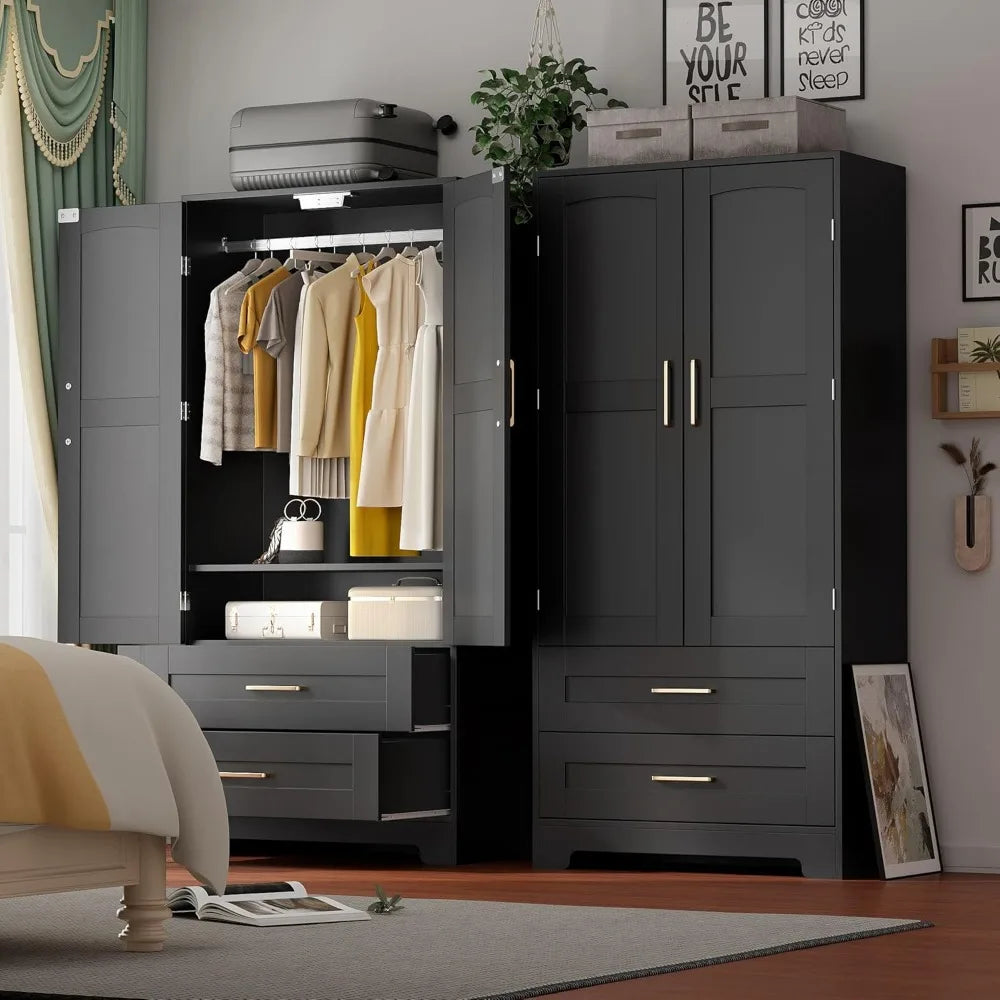 Wooden Armoire Wardrobe Closet with 2 Drawers, Bedroom Armoires with Door and Shelves, Freestanding Wardrobe Clothing，Customized