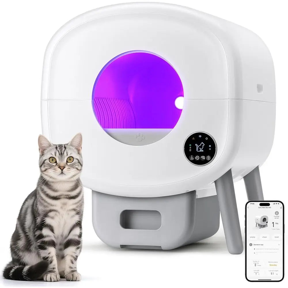 Luxury Large-Capacity Automatic Litter Box for Multiple Cats with App Control, Safety Features, and 2 Litter Bags - White