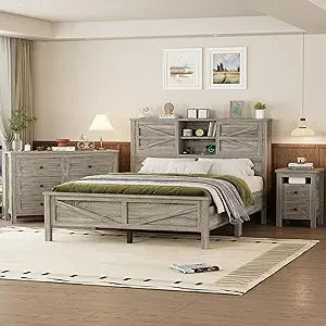 3-Pieces Bedroom Sets Queen Size Farmhouse Platform Bed with Double Sliding Door Storage Headboard, Storage Nightstand and Dress