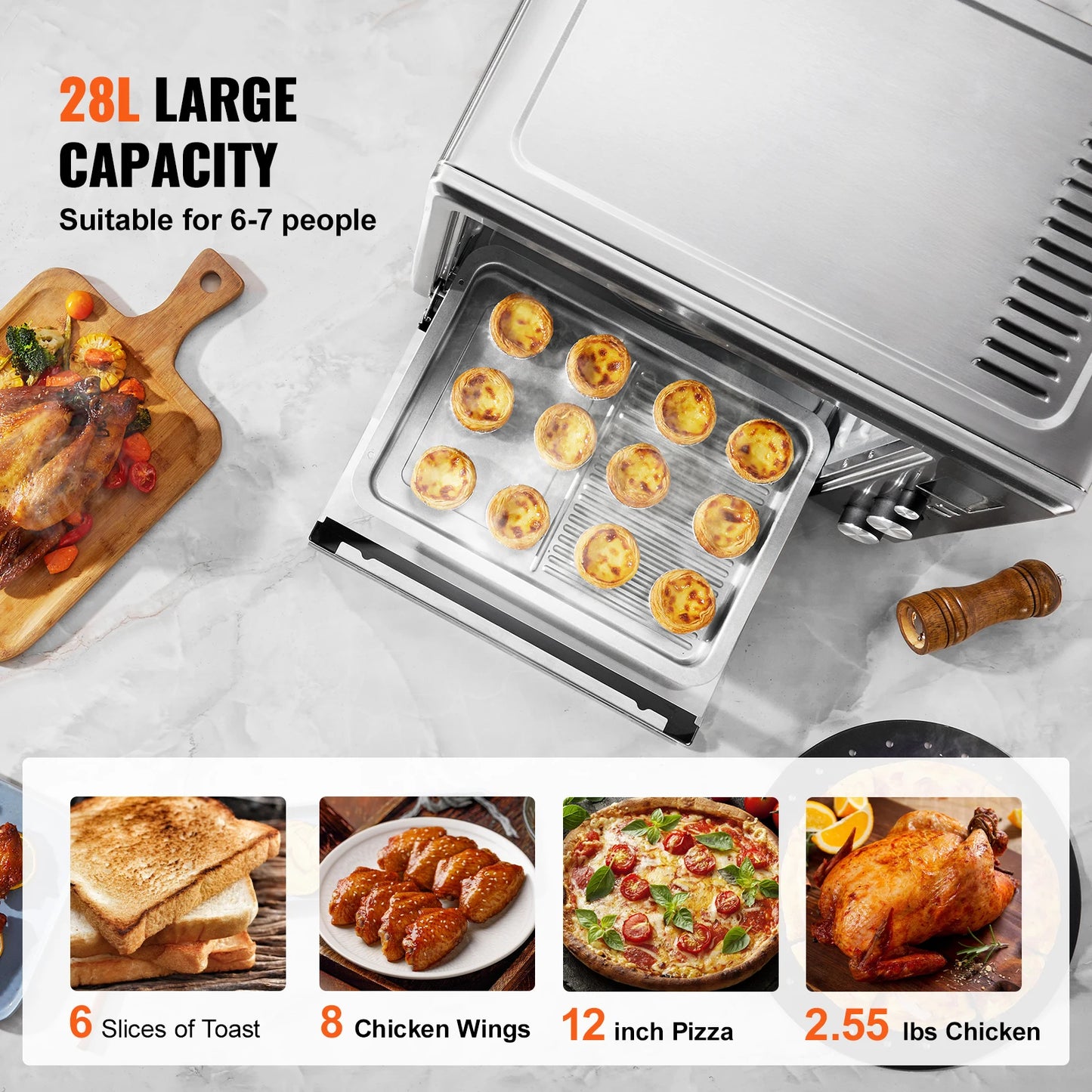 SucceBuy 10-IN-1 Convection Oven 28L Multifunctional Conventional Oven Countertop 4-Tier Toaster with Front Glass Door for Home