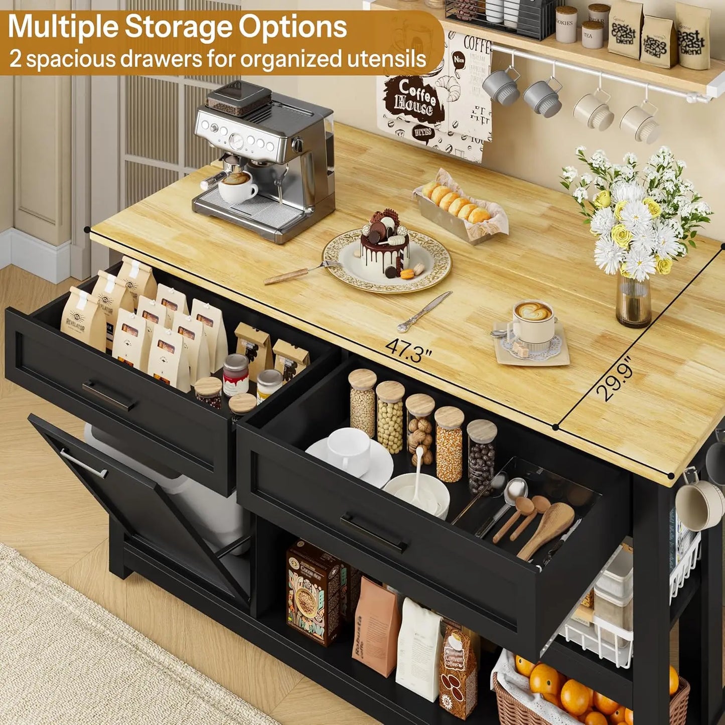 Kitchen Island with Storage and Seating Include 2 Bar Stools, 47" Solid Rubberwood Top Kitchen Island with Trash Can, Custom