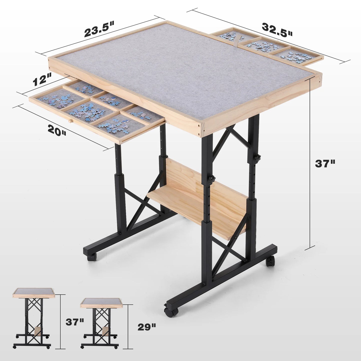 Jigsaw Puzzle Table with Legs Adjustable 5-Tilting-Angle Board with 6 Drawers Cover 35 x 26 Wooden Puzzle Board with 4 Wheels