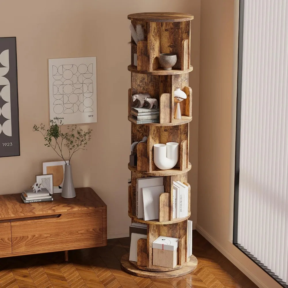 Exclusive Rotating Bookshelf, 360 Display 5 Tier, Small Corner Bookshelf for Small Space, Floor Standing Bookcase Storage Rack,