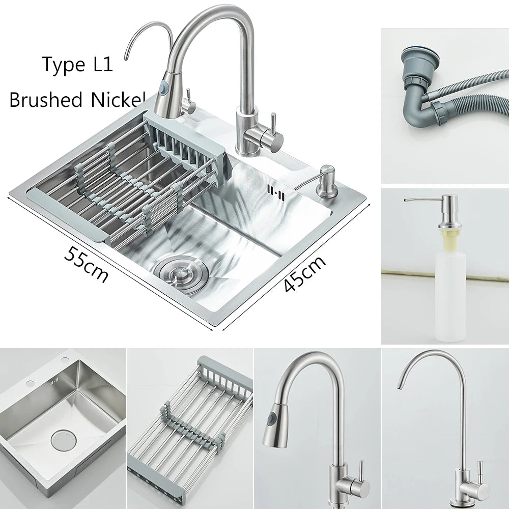 Brushed Nickel Stainless Steel Kitchen Sinks Recessed Sinks Kitchen Taps Sinks with Drains Kitchen Faucet Sink Sets