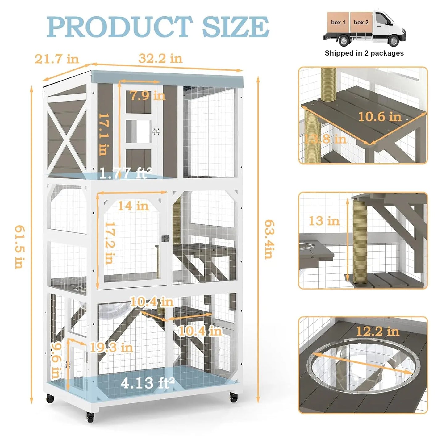 64" Large Wooden Catio Outdoor Cat Enclosure, Window Cat House with Wheels & 3 Platforms, Kitty Cage with, Customized