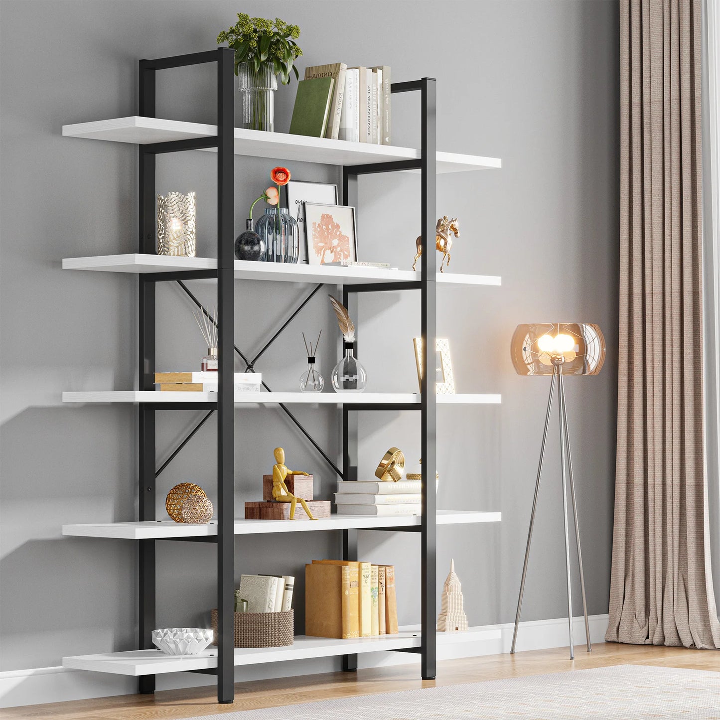 Tribesigns 5-Tier Bookshelf, Vintage Industrial Style Bookcase 72 H x 12 W x 47L Inches