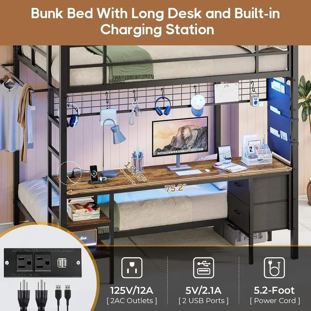 BestsellerTwin Over Full Metal Bunk Bed with Desk, LED Lights, Storage, Safety Rails & Stairs, Black