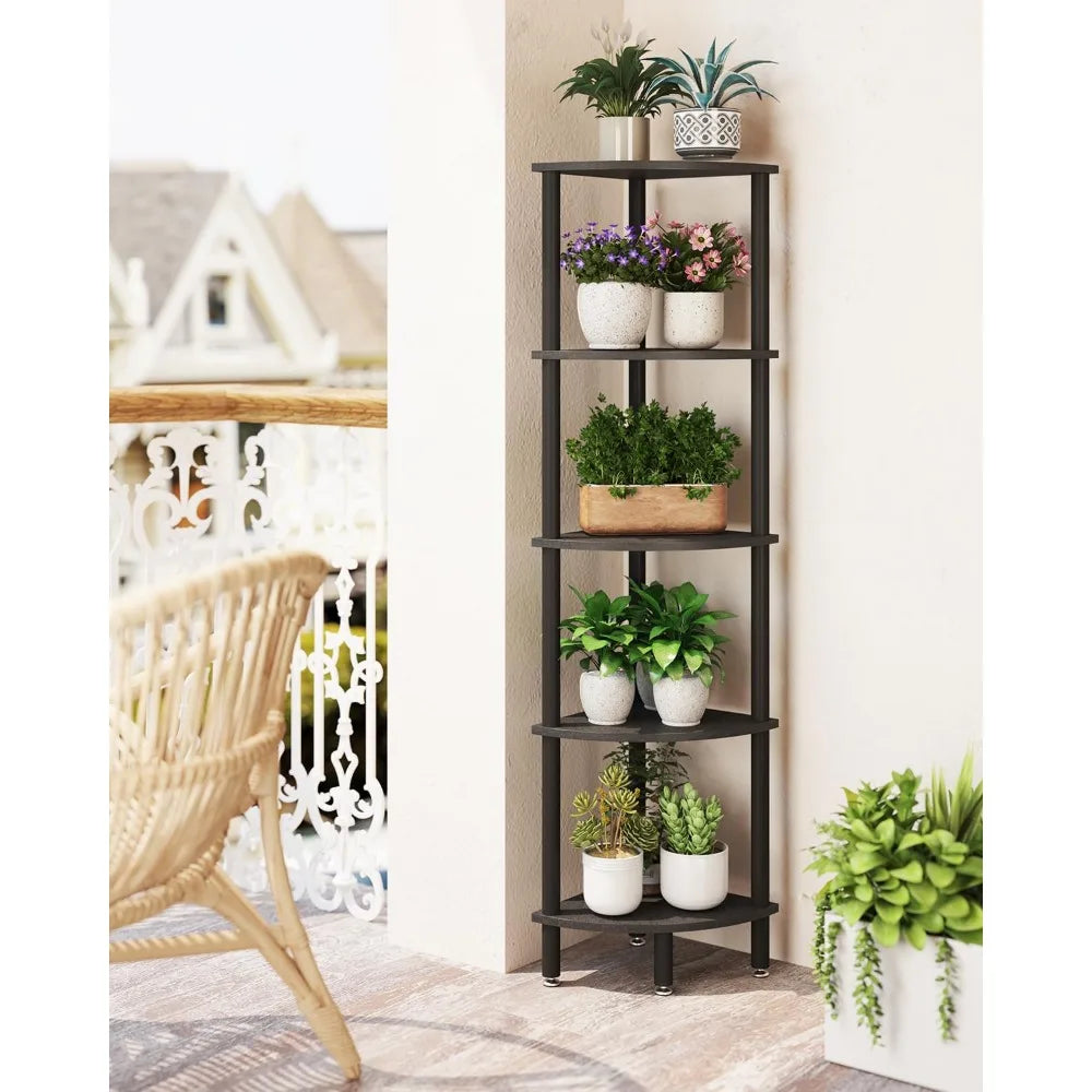 5 Tier Corner Shelf Stand,Industrial Corner Display Rack,Corner Bookshelf for Living Room, Bedroom, Kitchen, Home Office, Black