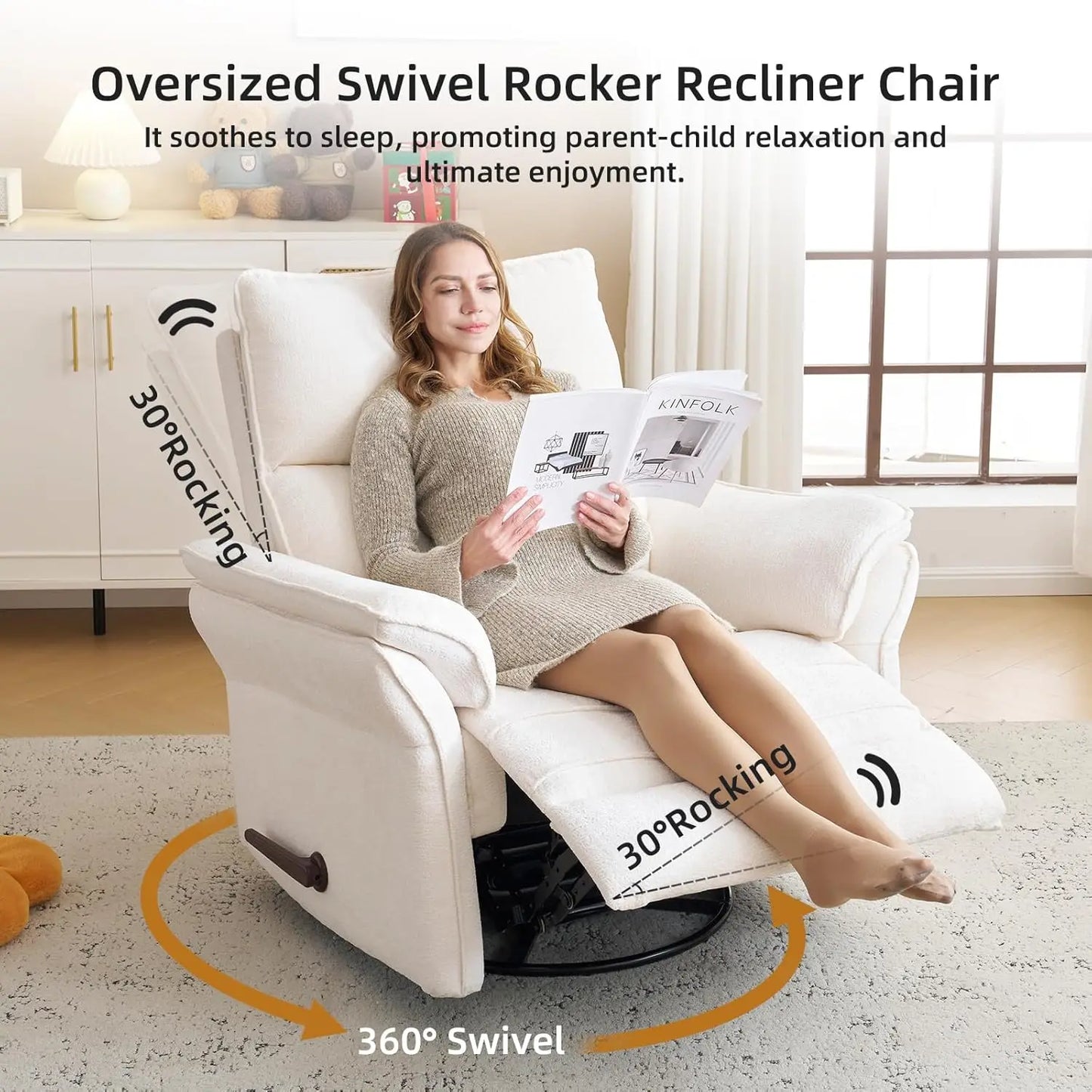 26" Extra Wide Oversized Recliner Chair 360° Swivel Rocker with Adjustable Headrest Chenille Glider Customized Comfort Home
