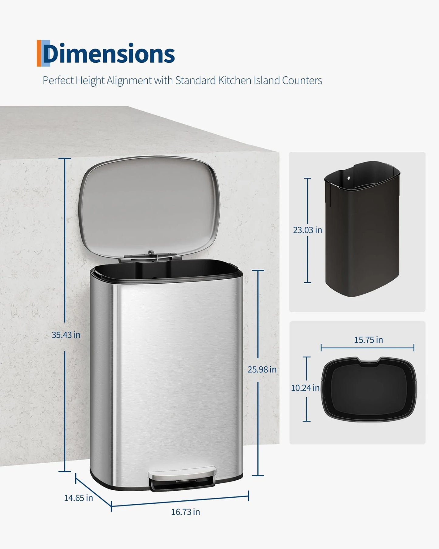 Durable Step-On Kitchen Trash Can Combo Set 50L+10L Stainless Steel Garbage Bins w/Removable Inner Buckets for Kitchen Bathroom