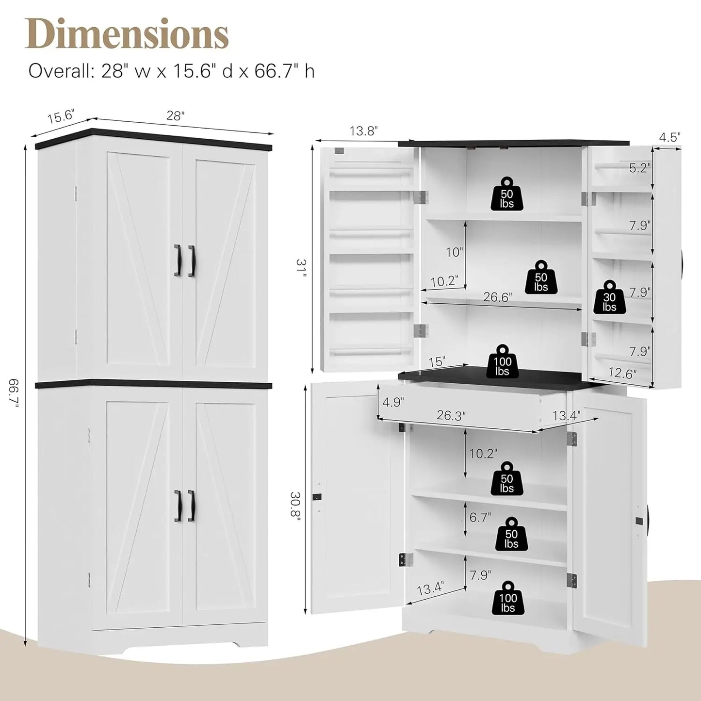 Rustic Wood Kitchen Pantry Storage Cabinet with Barn Doors 6-Tier Tall Drawer And Adjustable Shelves Customizable Cupboard
