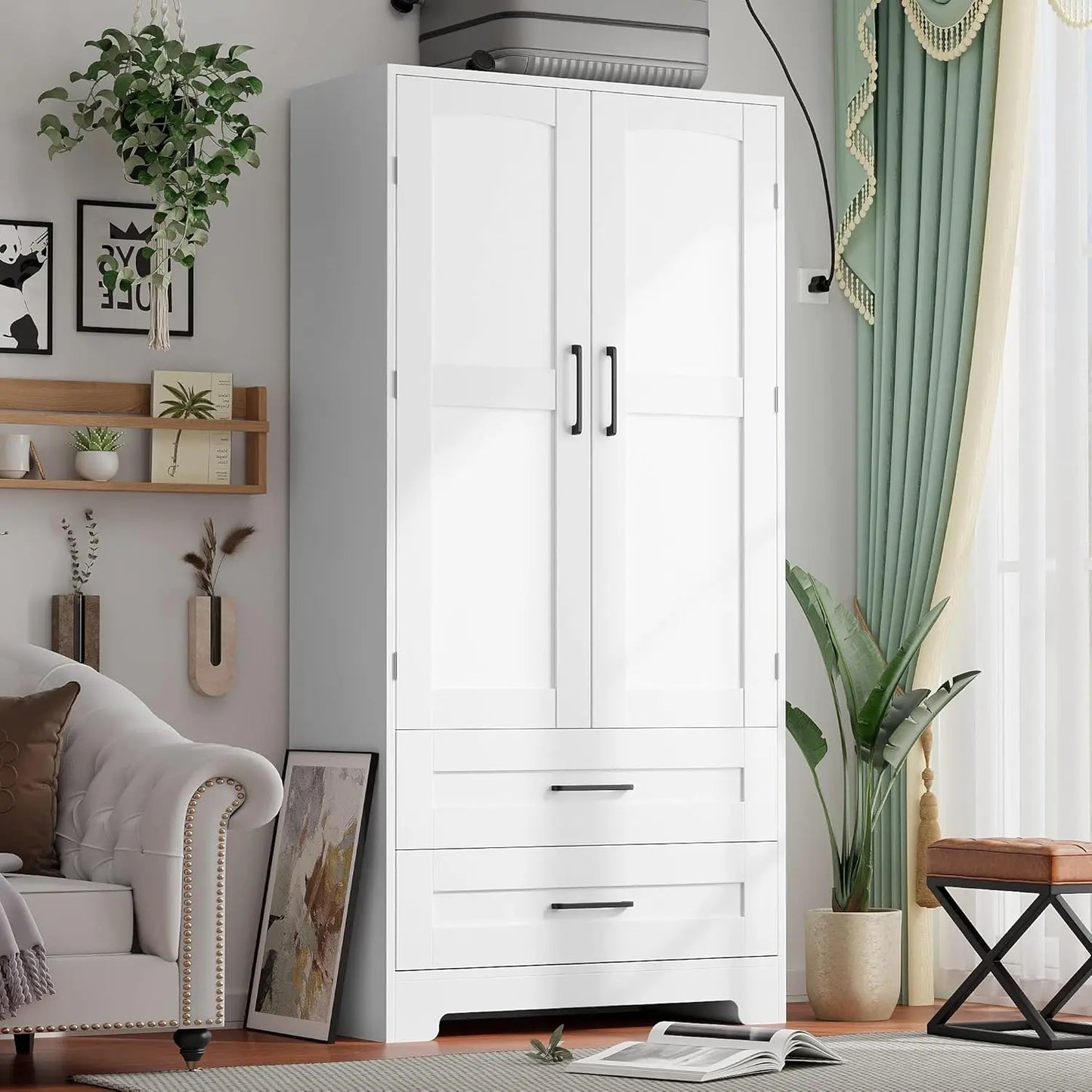 Wooden Armoire Wardrobe Closet with 2 Drawers, Bedroom Armoires with Door and Shelves, Freestanding Wardrobe Clothing，Customized
