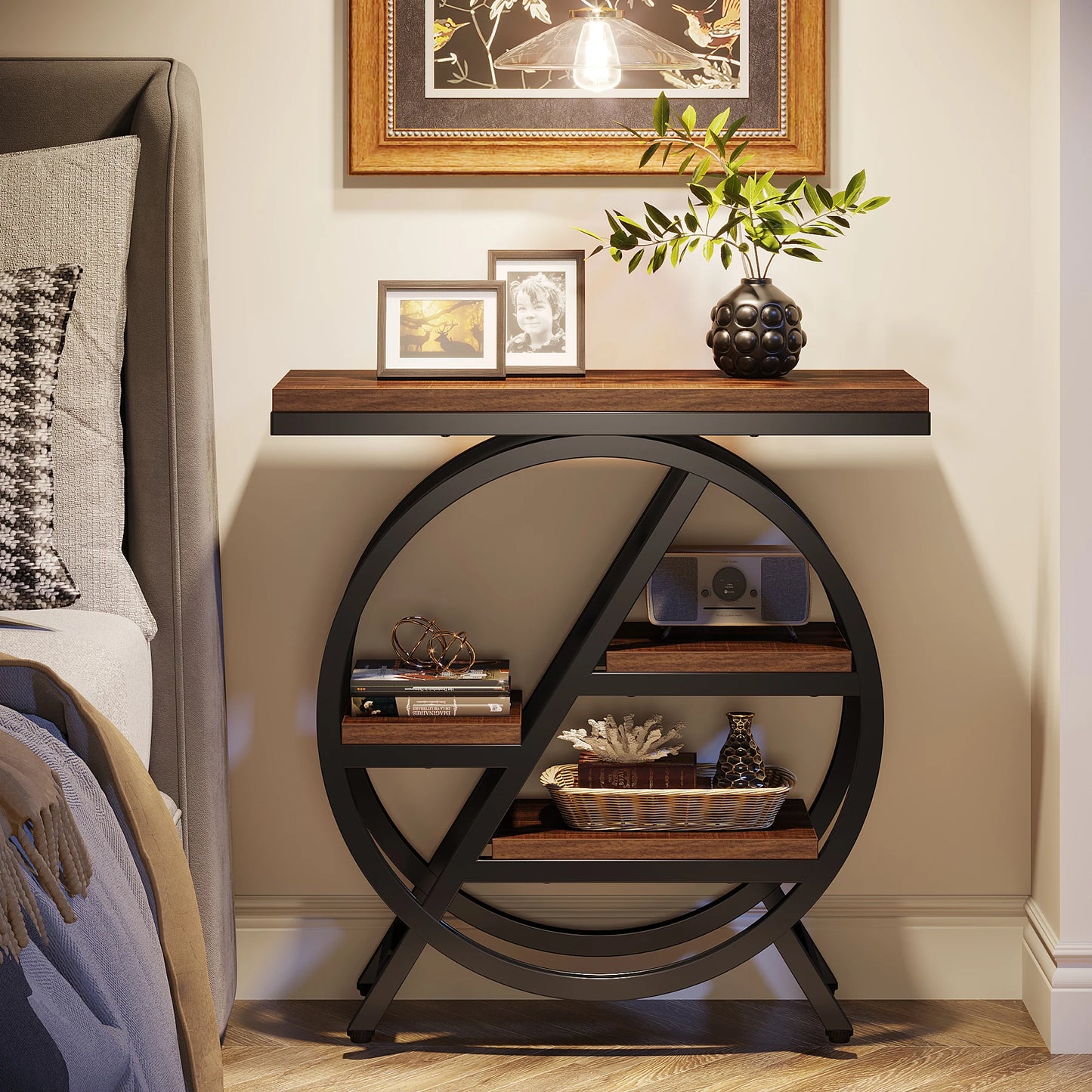 Tribesigns End Table for Living Room, 3-Tier Narrow Side Table with Storage, Wood Sofa Side Table with Geometric Metal Frame