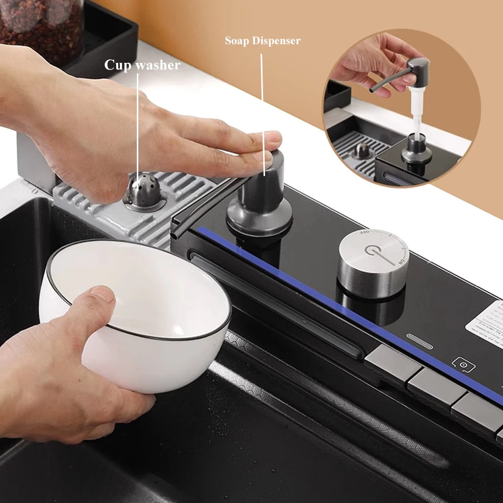 304 Stainless Steel Kitchen Waterfall Sink Digital Display Large Single Sink Dish Basin Sink With Multifunction Touch Waterfall