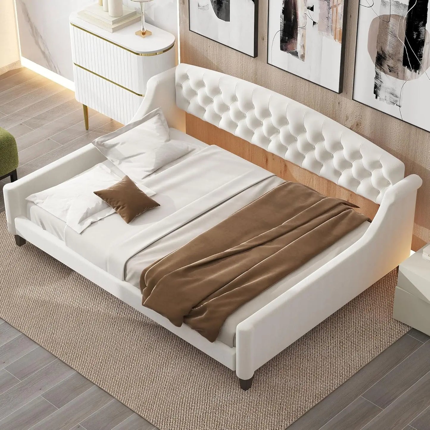 Full Size Daybed, Modern Luxury Tufted Button Upholstered Full Sofa Bed for Bedroom Living Room, Beige, Customized