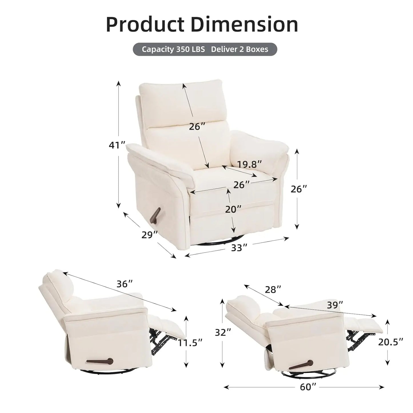 26" Extra Wide Oversized Recliner Chair 360° Swivel Rocker with Adjustable Headrest Chenille Glider Customized Comfort Home