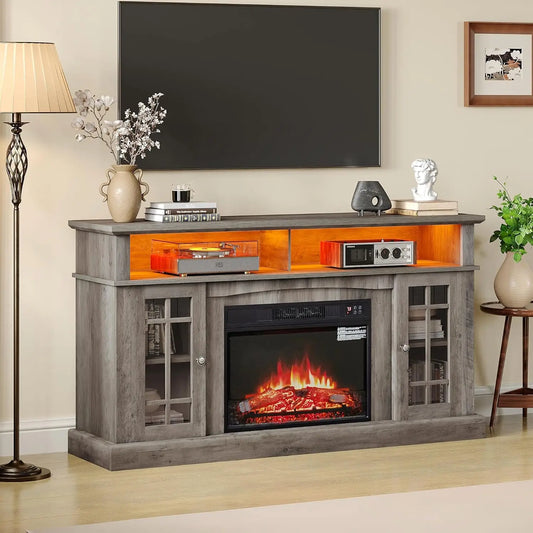 58" Fireplace TV Stand for TVs Up to 65", Farmhouse Entertainment Center with 23" Electric Fireplace & LED Light,, Customized