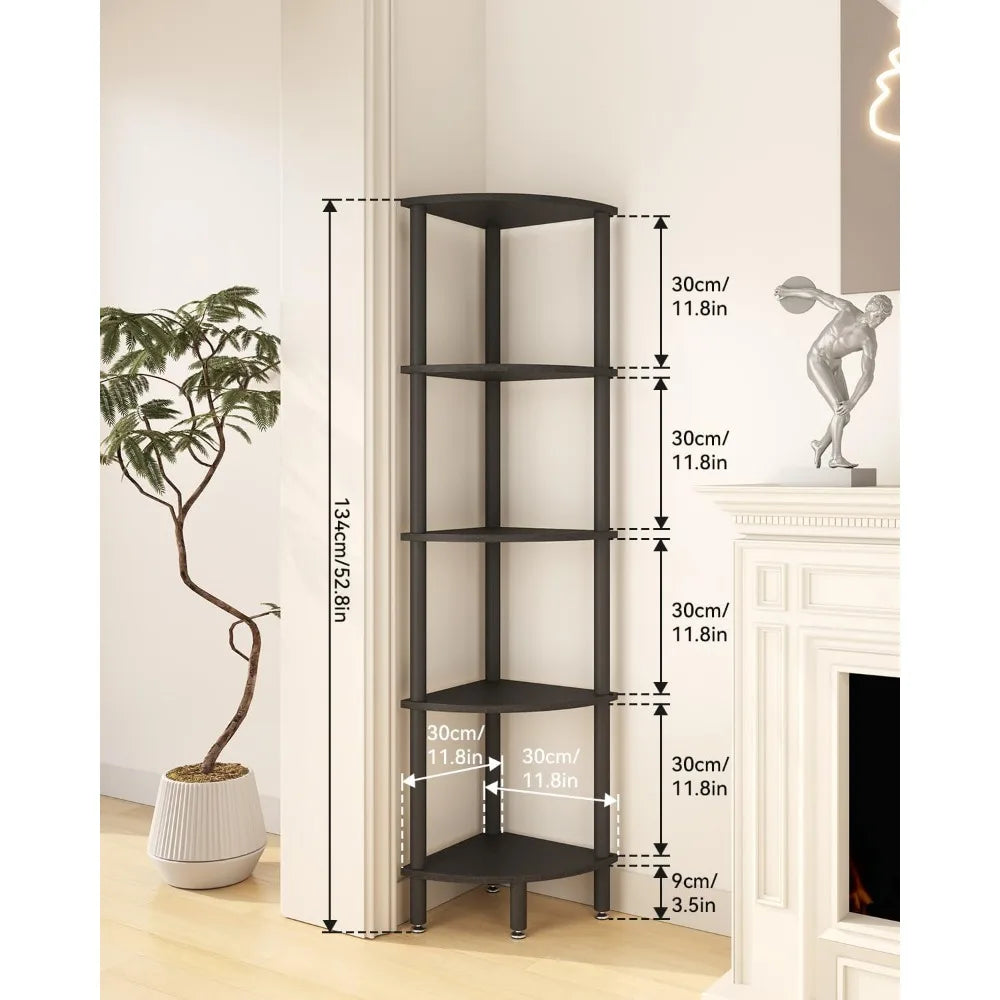 5 Tier Corner Shelf Stand,Industrial Corner Display Rack,Corner Bookshelf for Living Room, Bedroom, Kitchen, Home Office, Black