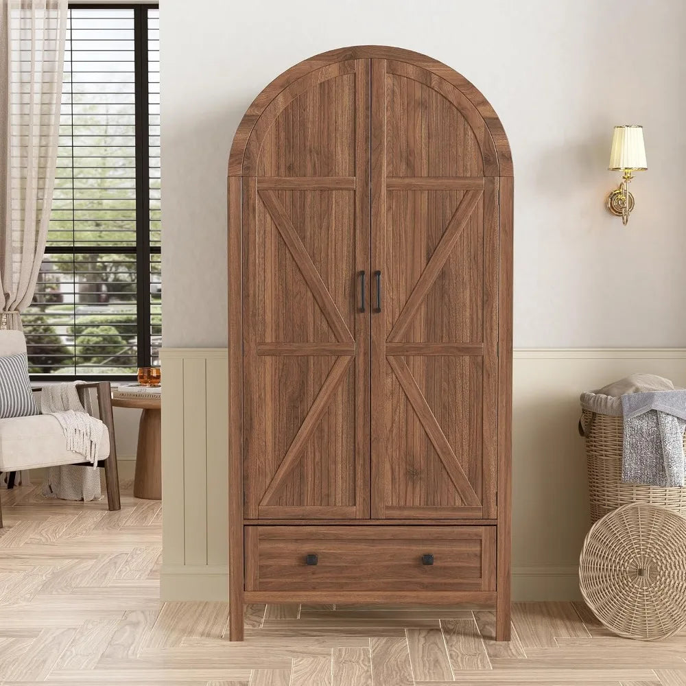 Armoire Wardrobe Closet with Drawers and 2 Arched Fluted Doors, 70.9‘’ Tall Wooden Bedroom Armoires with LED Light，Customized