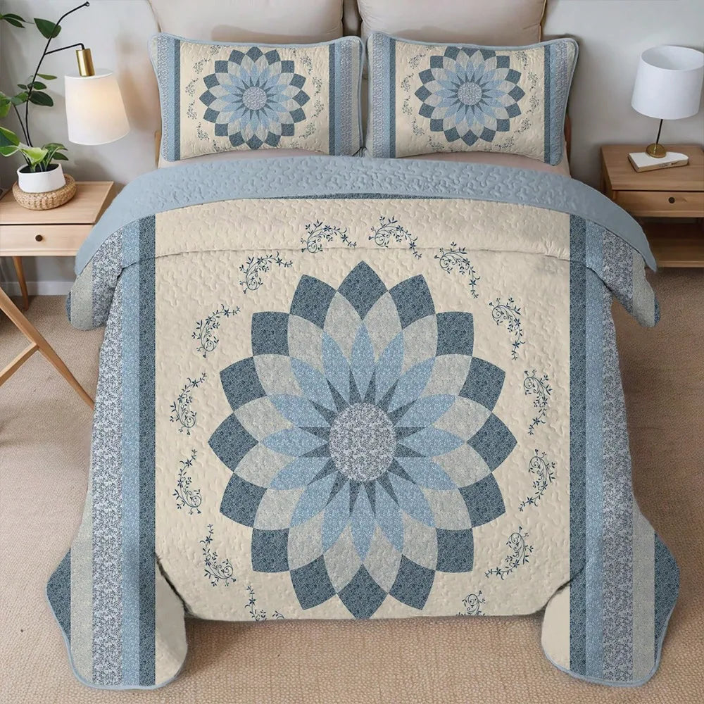 2/3 Pieces Elegant Blue Floral Print Quilt Set(1 Quilt + 1/2 Pillowcases), 100% Polyester Material Is More Breathable In Summer