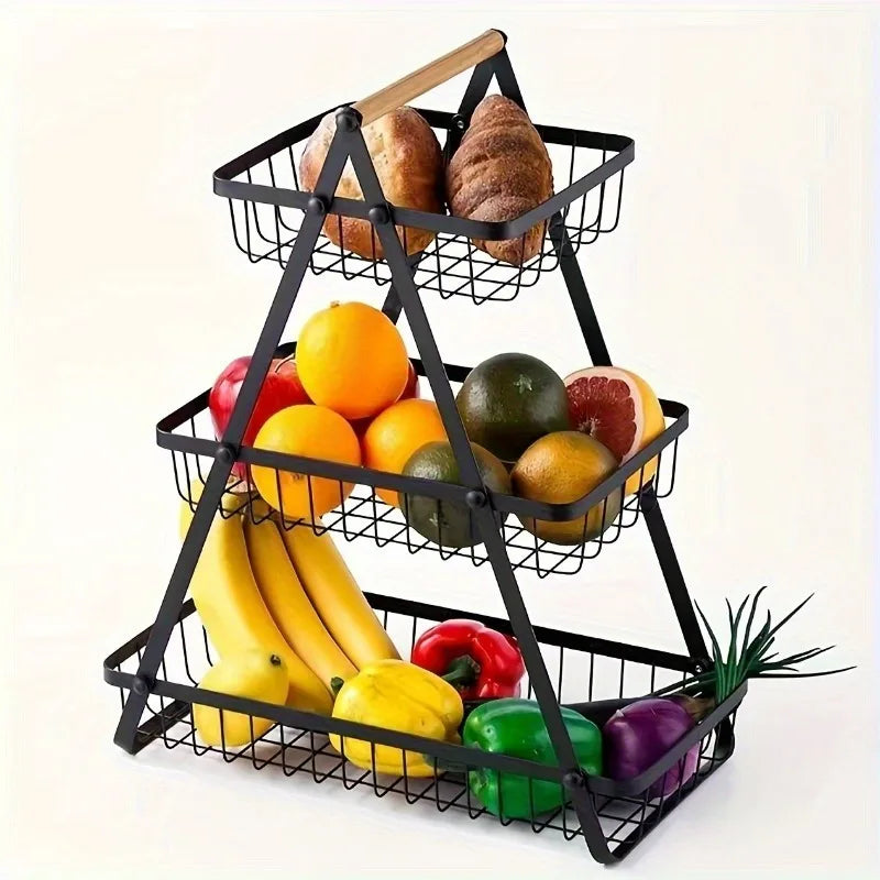 Three-tier fruit basket with sturdy kitchen storage box, suitable for fresh produce and household kitchen use.