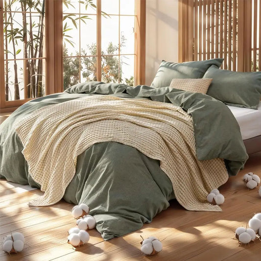 Cotton Comforter Set with Cotton Wale Throw Blanket - Olive Green King Size, Pillow Shams, Beige Cooling Blanket from Bamboo or