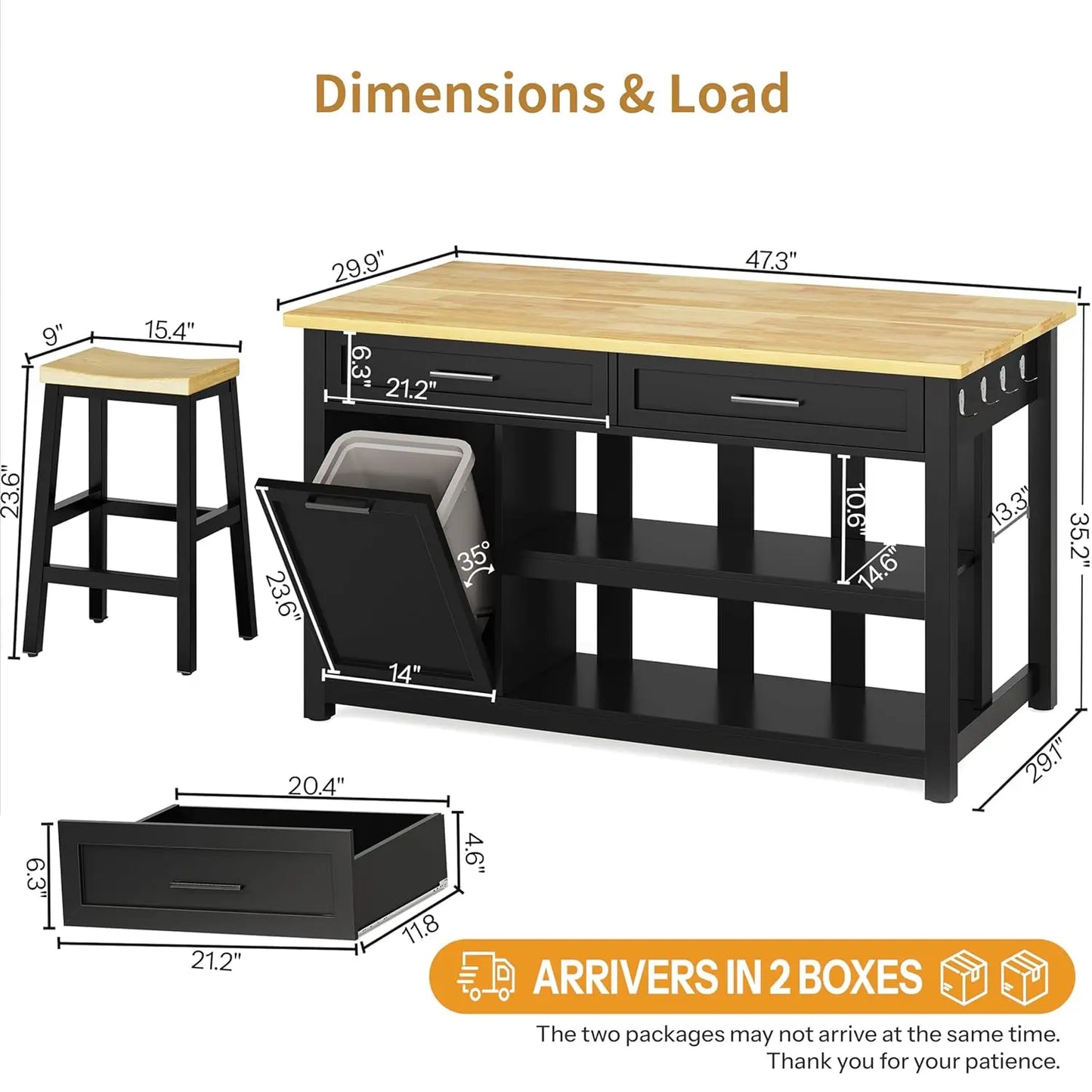 Kitchen Island with Storage and Seating Include 2 Bar Stools, 47" Solid Rubberwood Top Kitchen Island with Trash Can, Custom