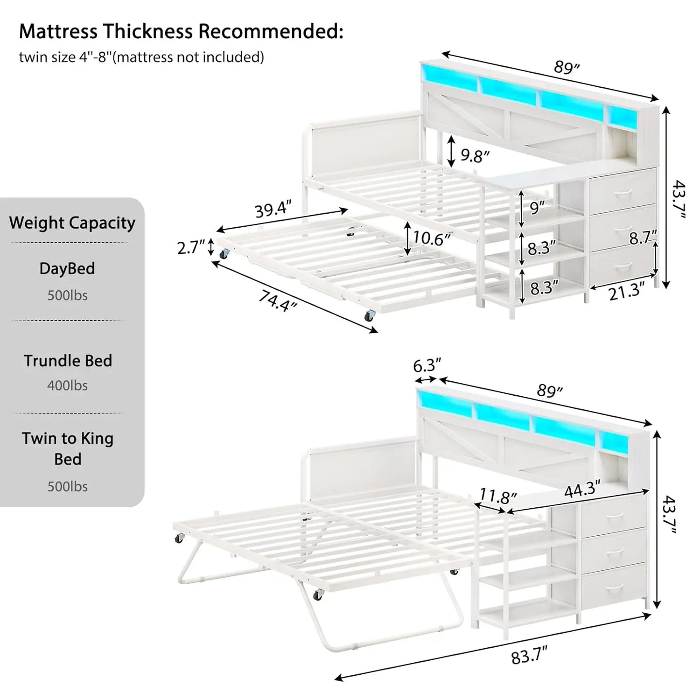 Daybed Twin with Pop Up Trundle, Farmhouse Wooden Day Bed Frame with 3 Storage Drawers and Shelves, Twin to King, Customized